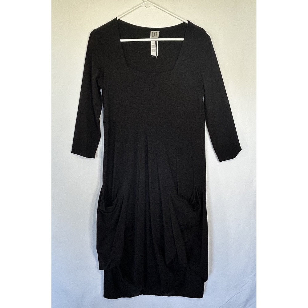 Lunn By Lilith Black Minimalist Dress Stretch  Sleeves Lagenlook Pockets